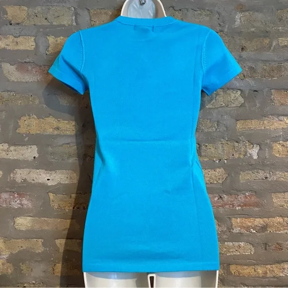 100% CASHMERE TURQUOISE KNIT SWEATER T SHIRT - Picture 5 of 8